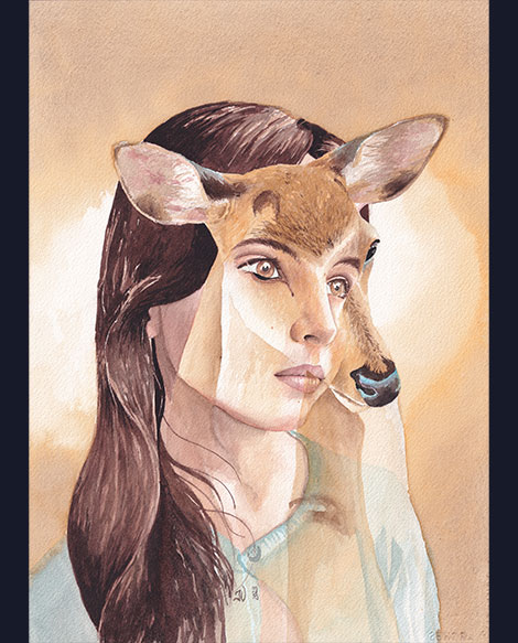 Aquarelle Bichette de Julie Vigneron, jeune fille et biche entremêlées